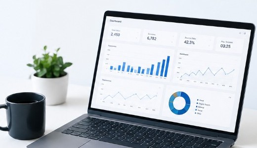 Data dashboard on a laptop in a workspace